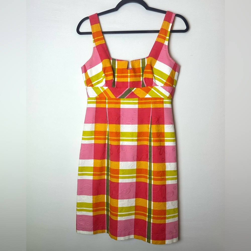 ❗️ Trina Turk Pink Orange Sleeveless Colorful Plaid Women's mini Dress size 4